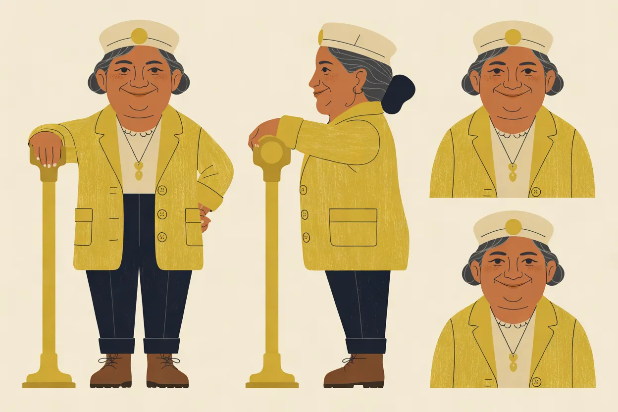 The Noon Conductor character sheet on a warm cream background, in a cream cap with a brass badge, a mustard-gold coat, a cream shirt, a gold pendant on a cord, rolled dark trousers and brown boots. It shows a full-body front view with one hand on a tall brass lever and the other on her hip, a full-body side view facing left with her arm resting on the lever and her grey-streaked hair in a bun, and two head-and-shoulders close-ups with the same closed-mouth smile.